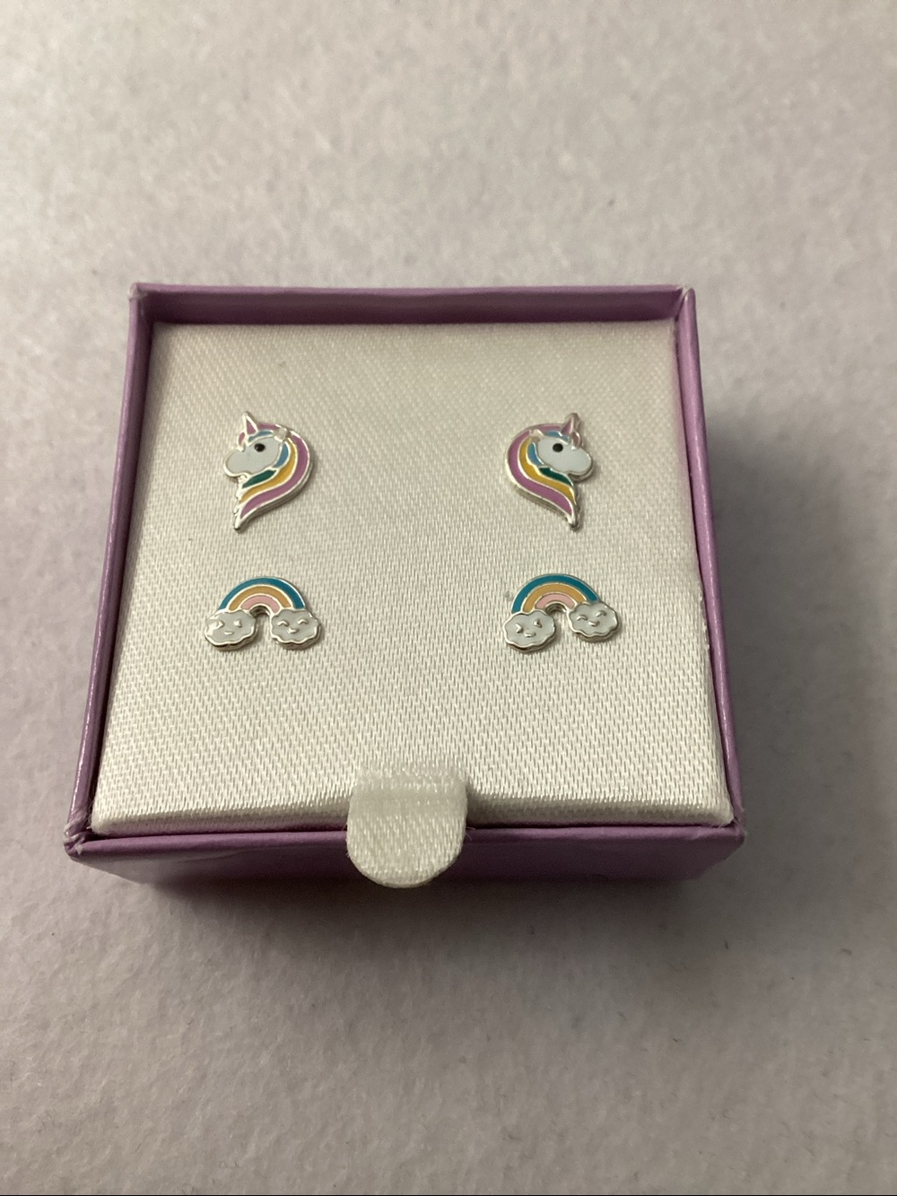 Kids PB Sterling Silver Metal Tower Unicorn and Rainbow Stud Earring Set